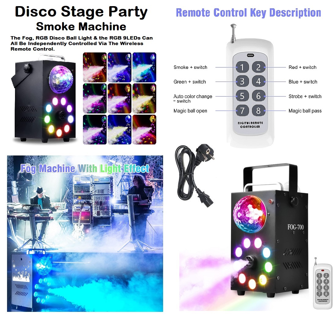 Professional Smoke Fog Machine with MultiColour RGB LEDs, Rotating Light Ball.