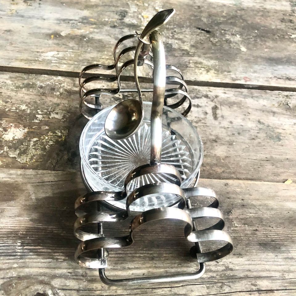 Vintage Silver Plated Toast Rack with Glass Bowl for butter or jam - Early 1950s
