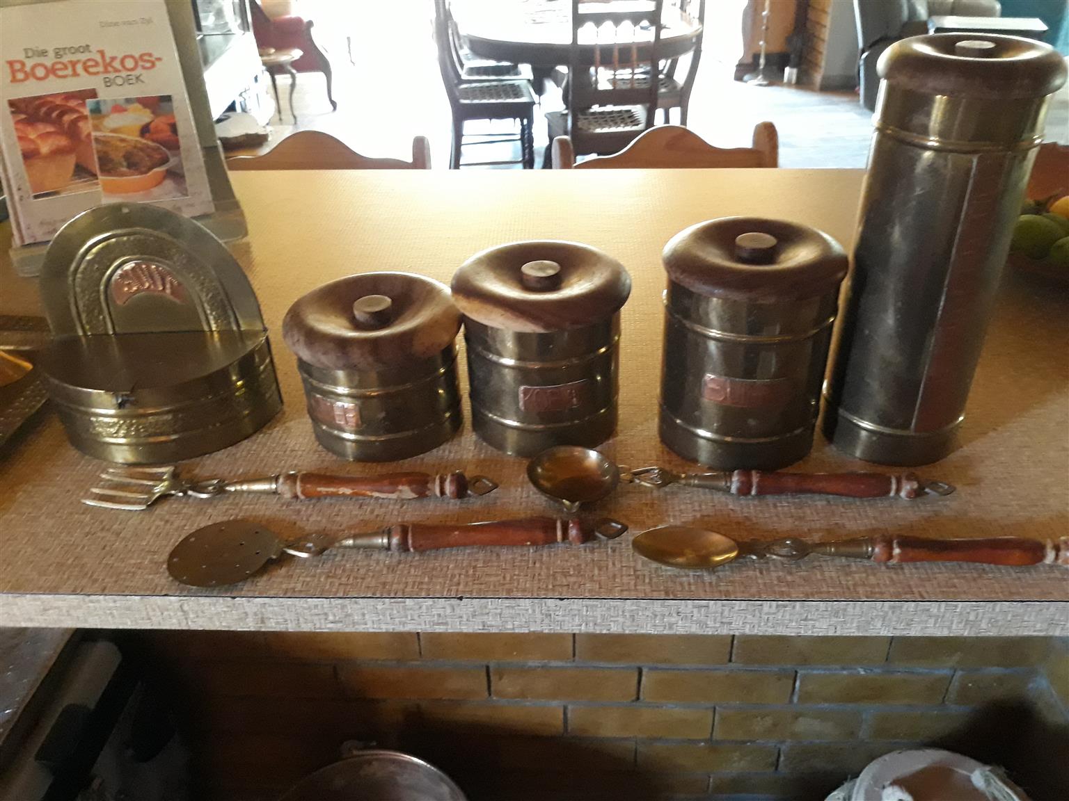5 Piece brass set of containers and 2 big brass spoons