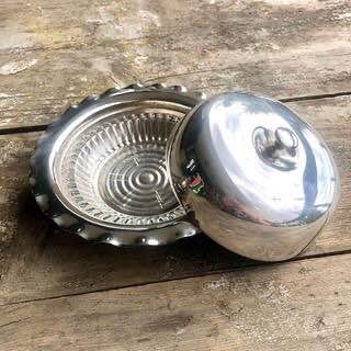 Antique Silver Plated Butter Dish with scalloped edge with a glass inner