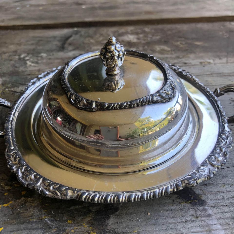 Vintage Seranco EPNS Art Nouveau Silver Plated Butter Dish with Handles and Lid