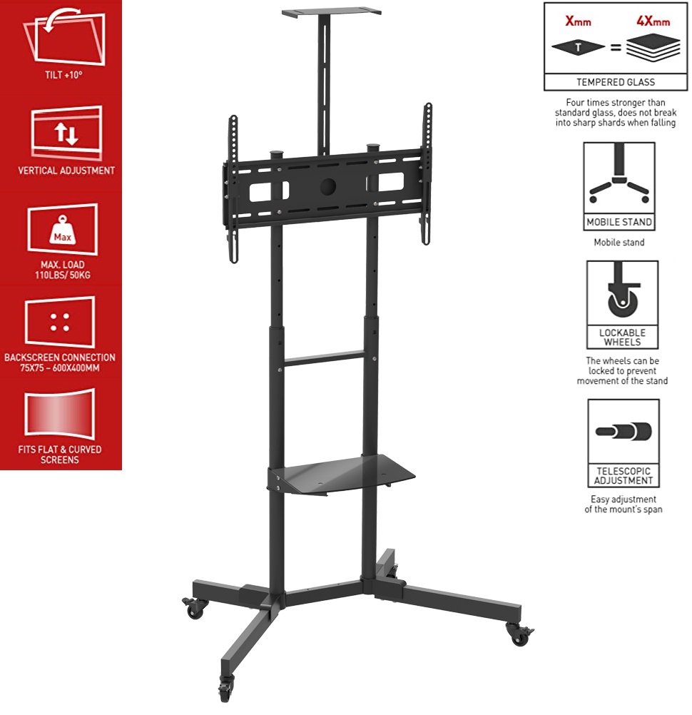 Mobile TV Trolley Tilt, Vertical Adjustment Stand Cart With Wheels And Shelves.