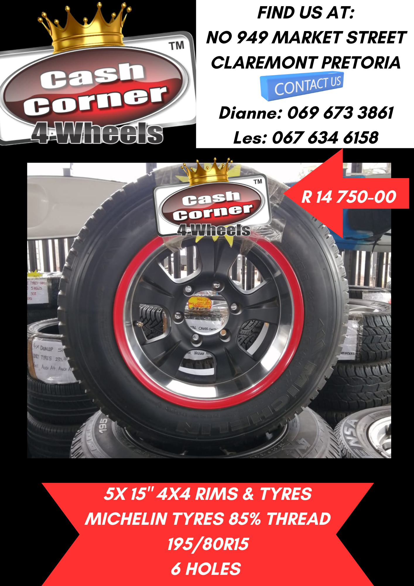 5X 15" 4X4 TYRES AND RIMS MICHELIN TYRES 195/80R15 85% THREAD - Private Seller 5X 15" 4X4 TYRES AND RIMS MICHELIN TYRES 195/80R15 85% THREAD - Private Seller