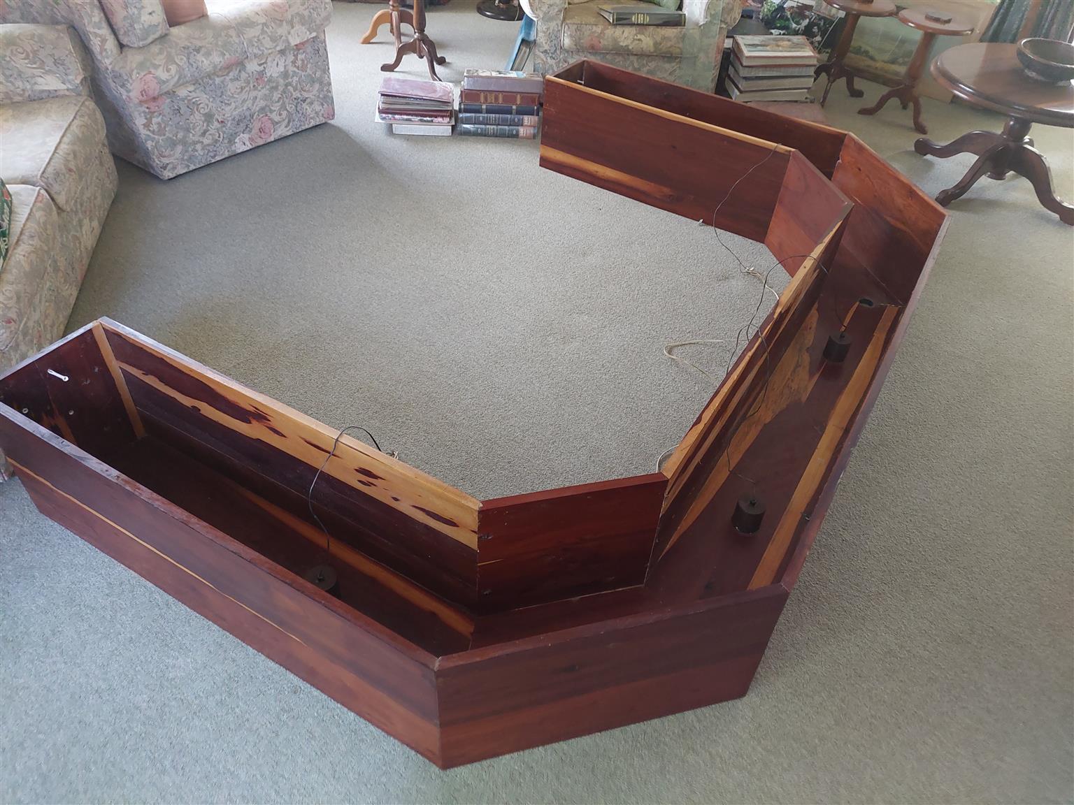 Mopani wood Bar complete with cabinets below, foot rest, with Leadwood Stools to