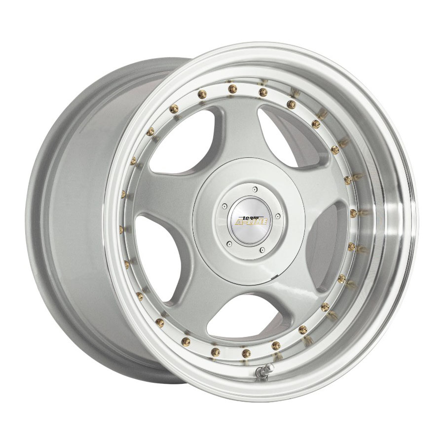 15″ A-Line Rogue 4/100 & 4/114 Super Silver machine Lip with gold Rivet Alloy Wheels