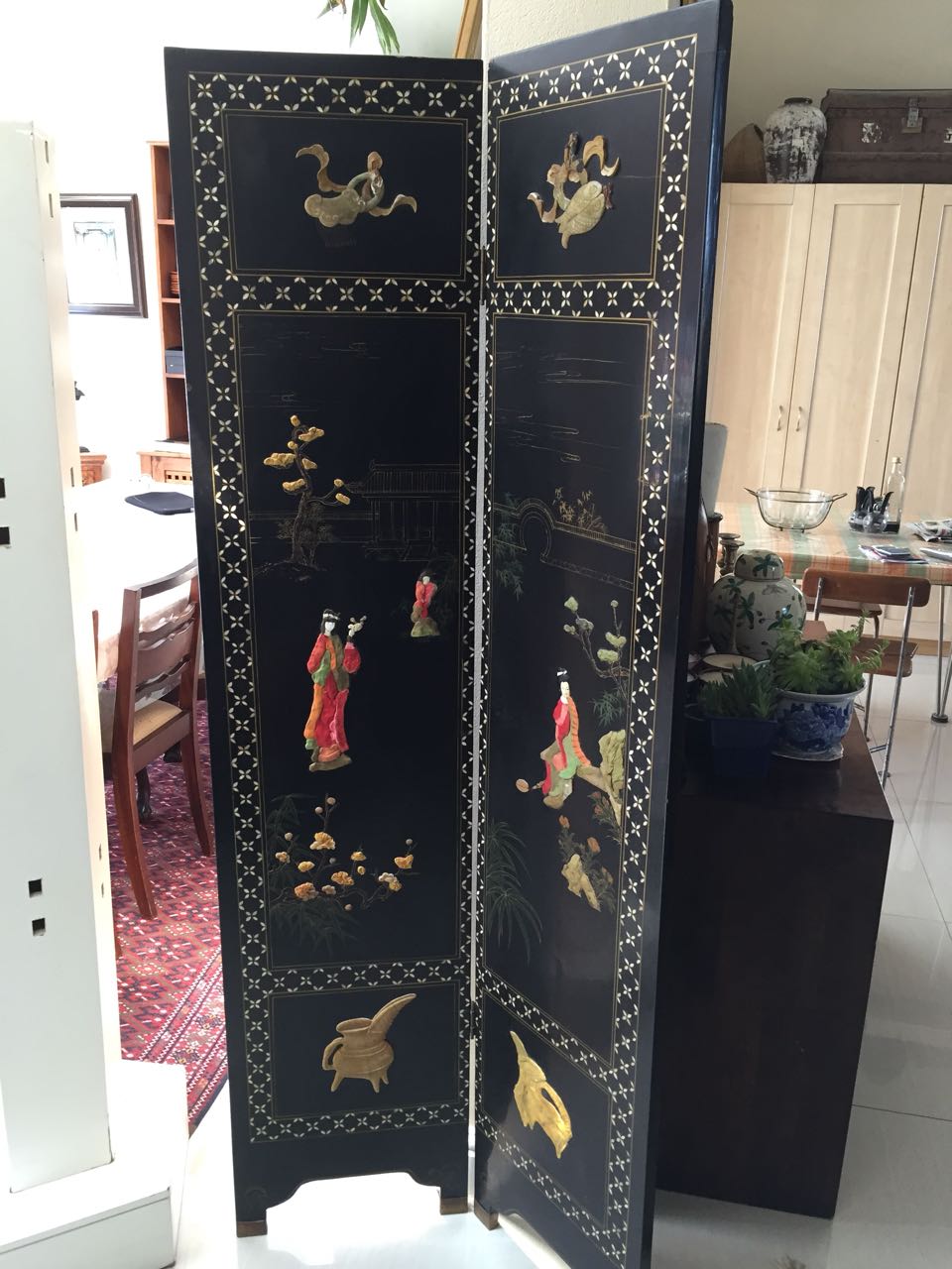 Antique Coromandel Screen/Oriental Dressing Screen/Ebonized Folding Room Divider - price reduced to clear