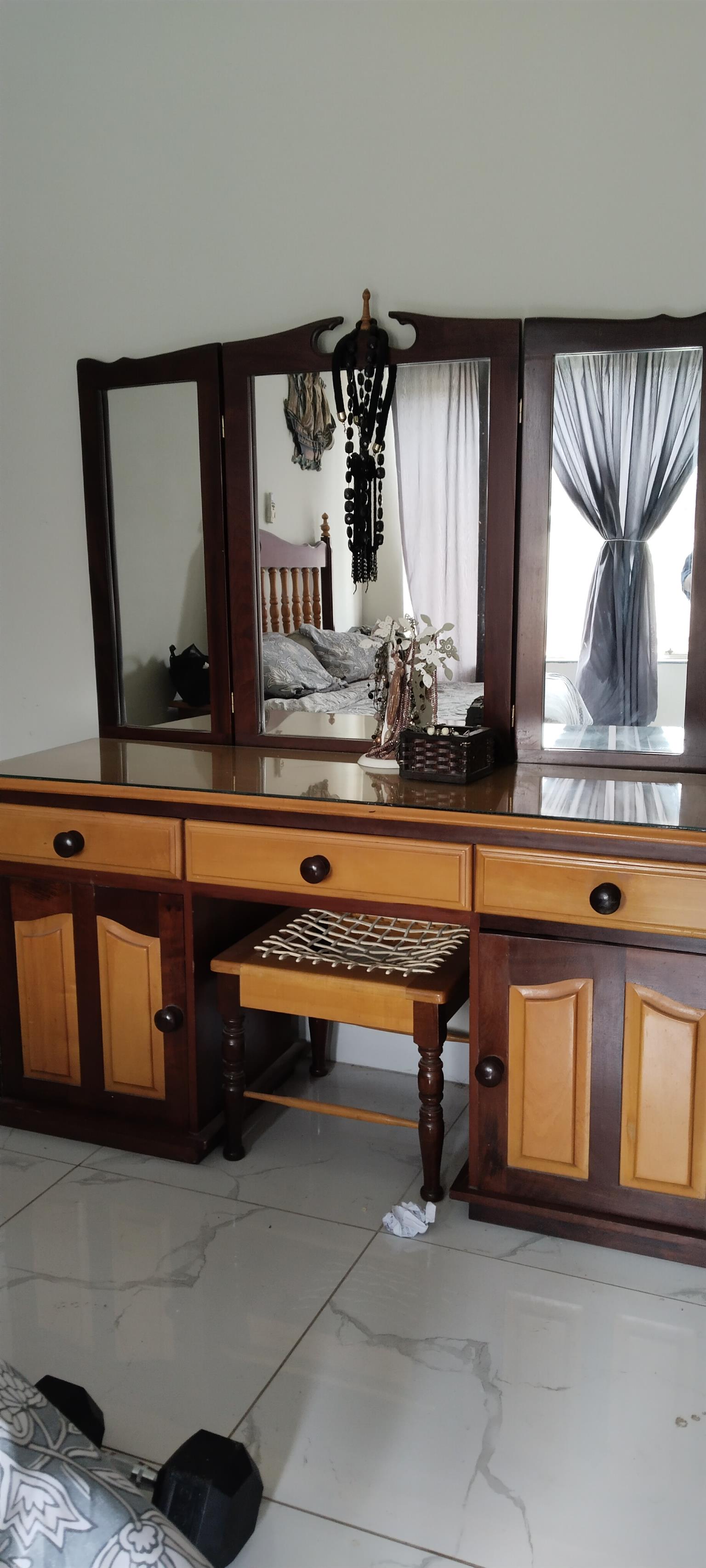 Antique imbua and yellow wood dressing table with stool