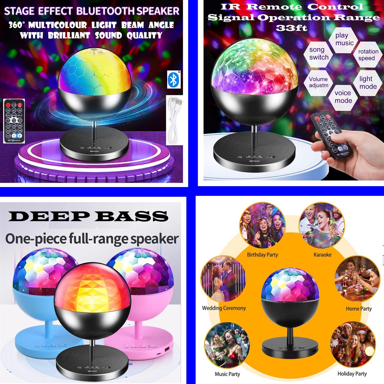 Rechargeable MultiColour LED Wireless Speaker Music Rotating Crystal Magic Ball