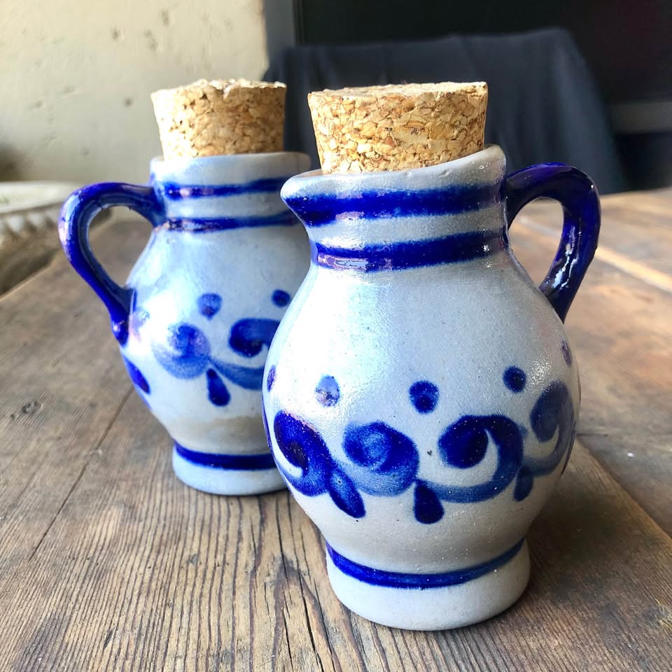 Discover Vintage 1950s German Hand-Painted Cobalt Blue Pottery Pitchers for oil and vinegar