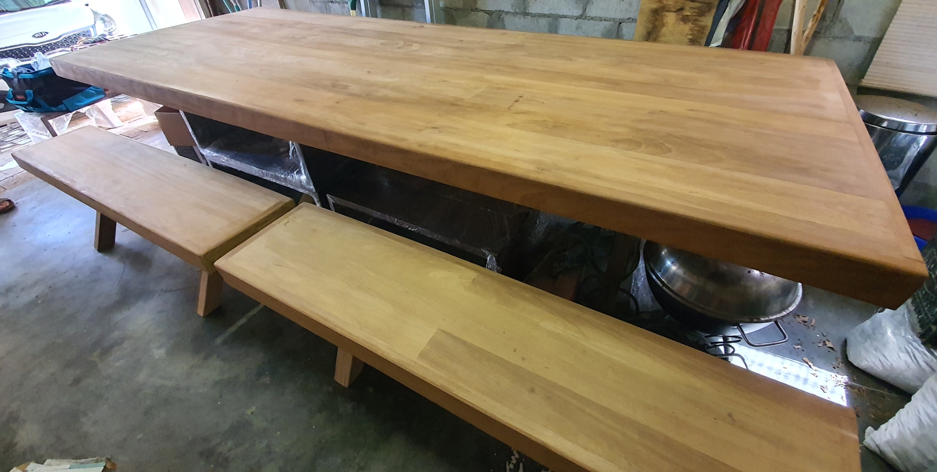 Brand new solid Meranti table and benches