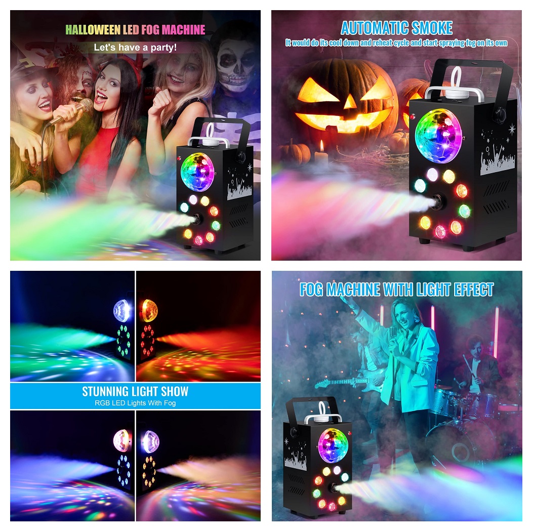 Professional Smoke Fog Machine with MultiColour RGB LEDs, Rotating Light Ball.