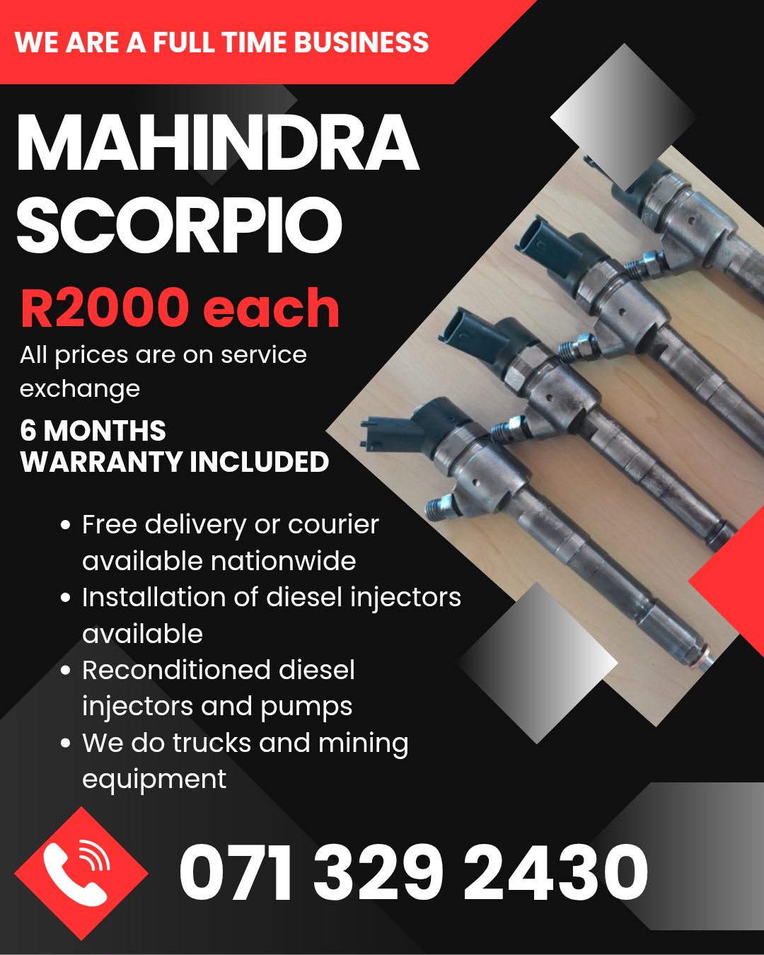 MAHINDRA SCORPIO INJECTORS FOR SALE WITH WARRANTY INCLUDED - Private Seller MAHINDRA SCORPIO INJECTORS FOR SALE WITH WARRANTY INCLUDED - Private Seller