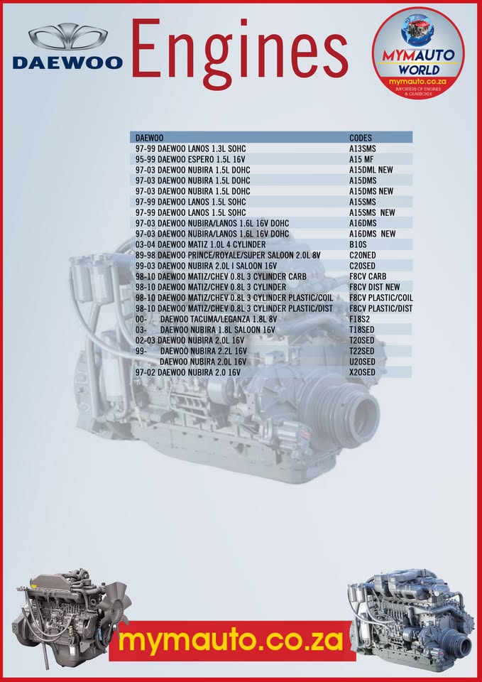 DAEWOO ENGINES AND GEARBOXES FOR SALE AT MYM AUTOWORLD - Private Seller