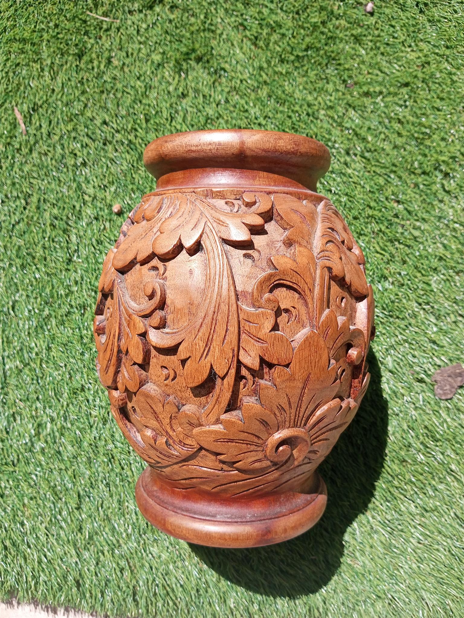 vintage hand carved wooden vase 10" tall