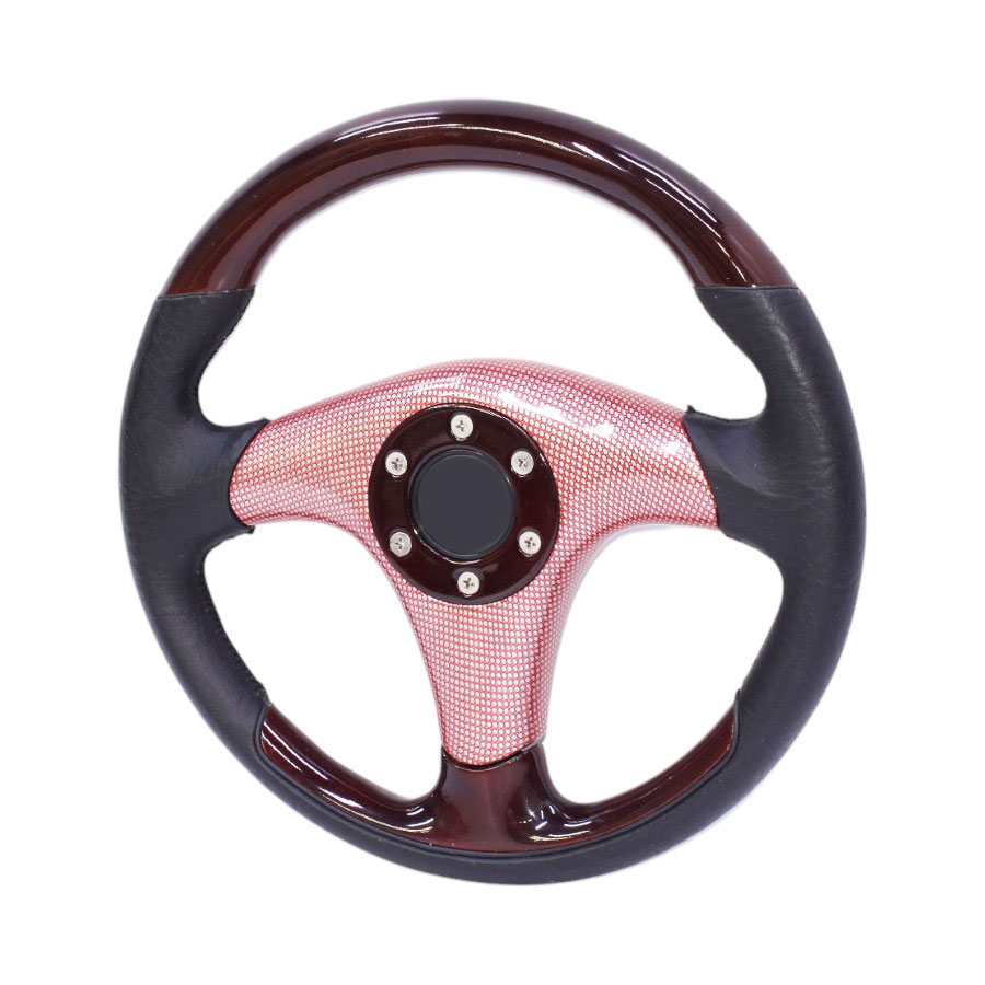 JJ-Racing Steering Wheel – Woodgrain & Black Leather with Red Carbon Fibre Pattern Centre