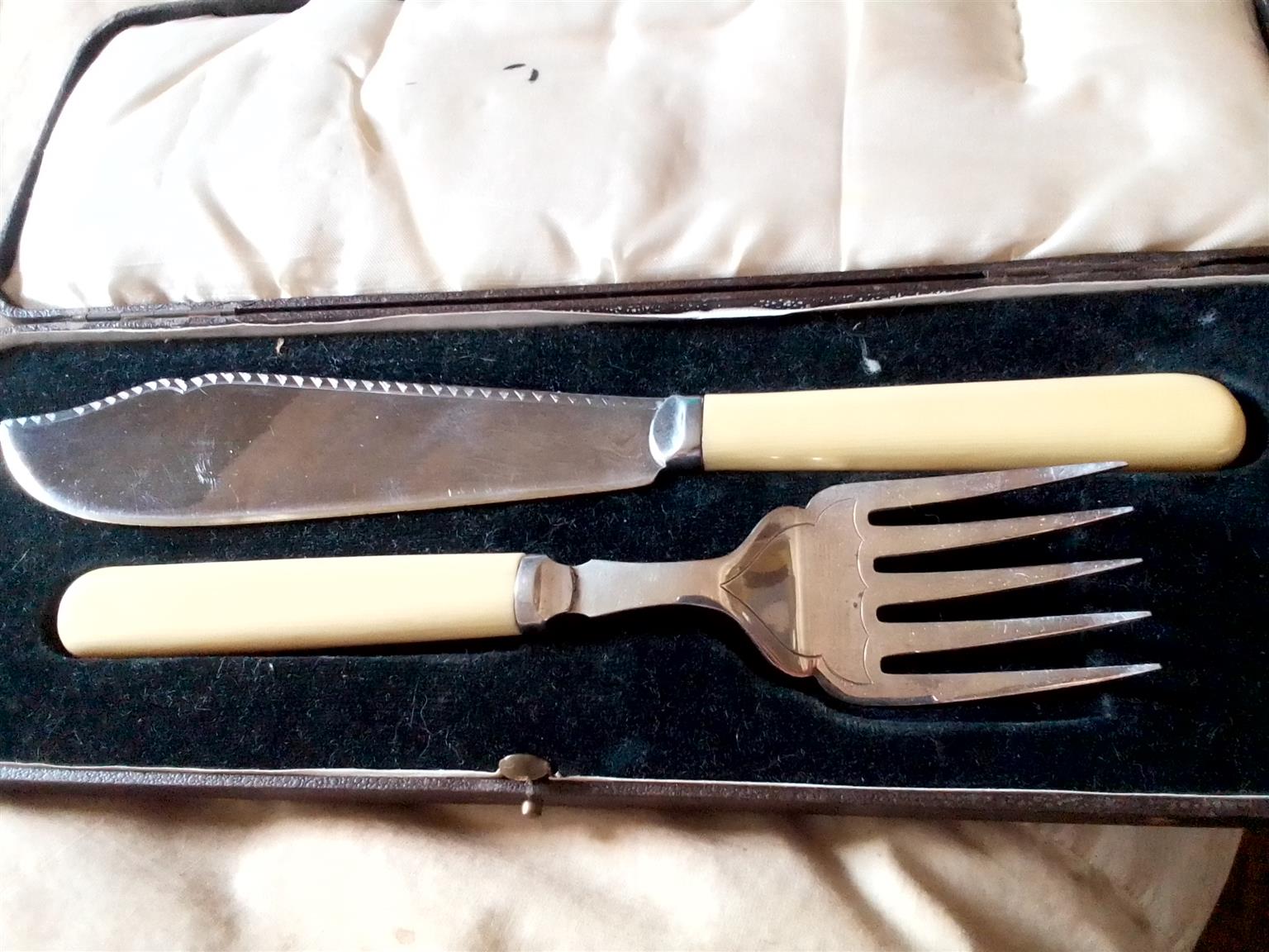 Antique silver plated fish knife & fork bone handles Antique silver plated fish knife & fork bone handles