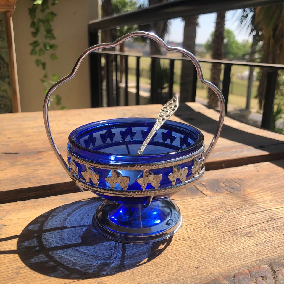 Vintage Cobalt Blue Sugar Bowl & Silver-Plated Holder – Art Deco Elegance