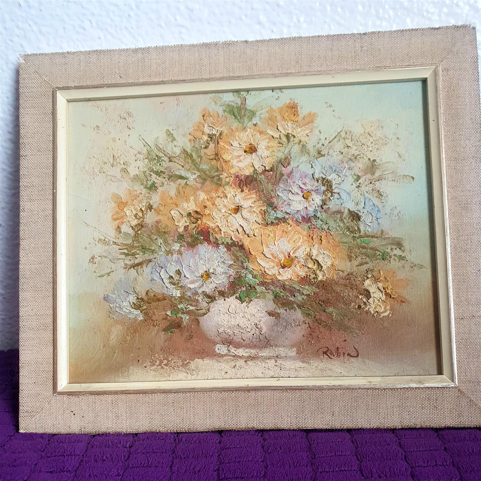 Floral acrylic oil painting framed and signed by artist ROBIN