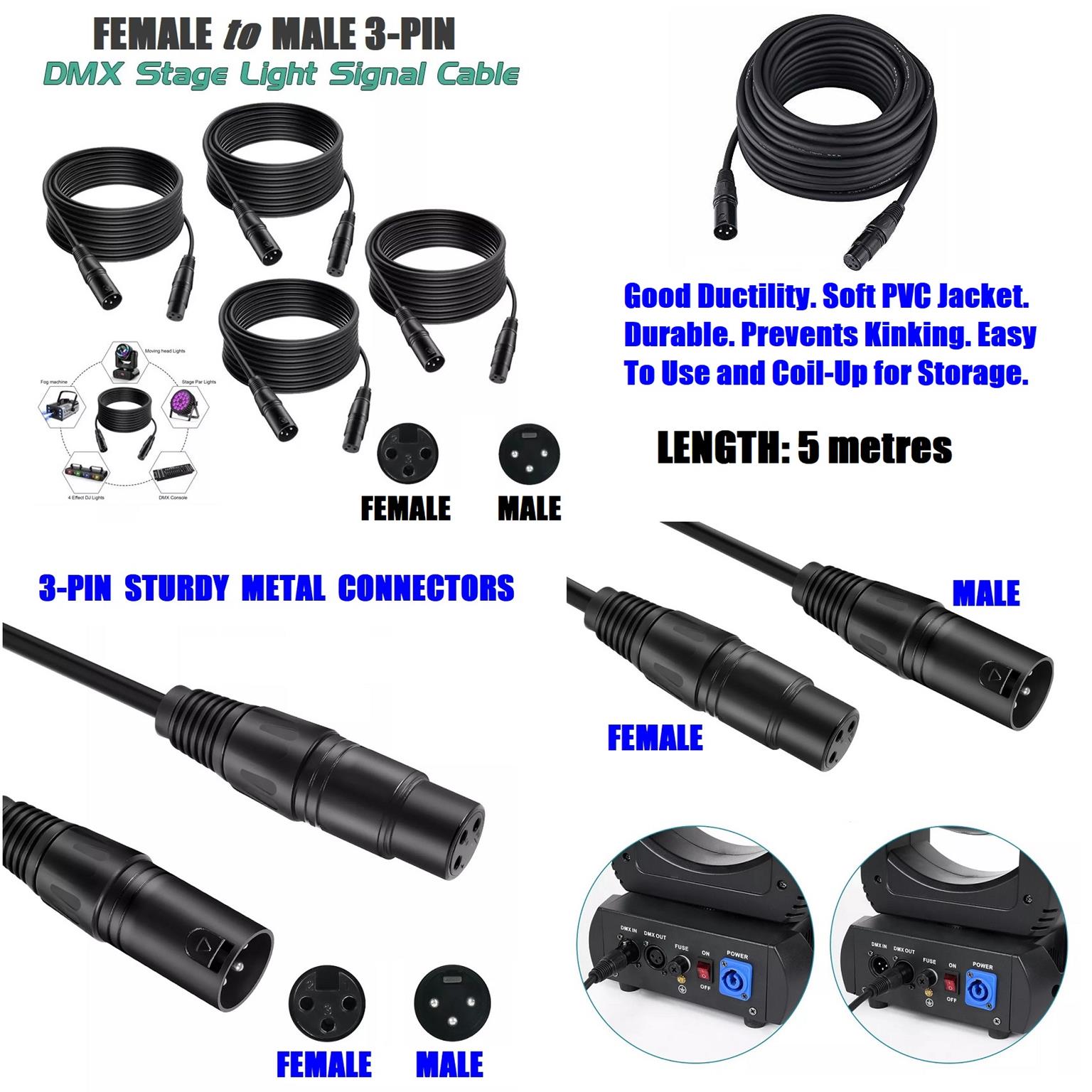 DMX512 Cable 3Pin 5metres XLR Male Female for Audio, Sound, Visual Equipment.NEW