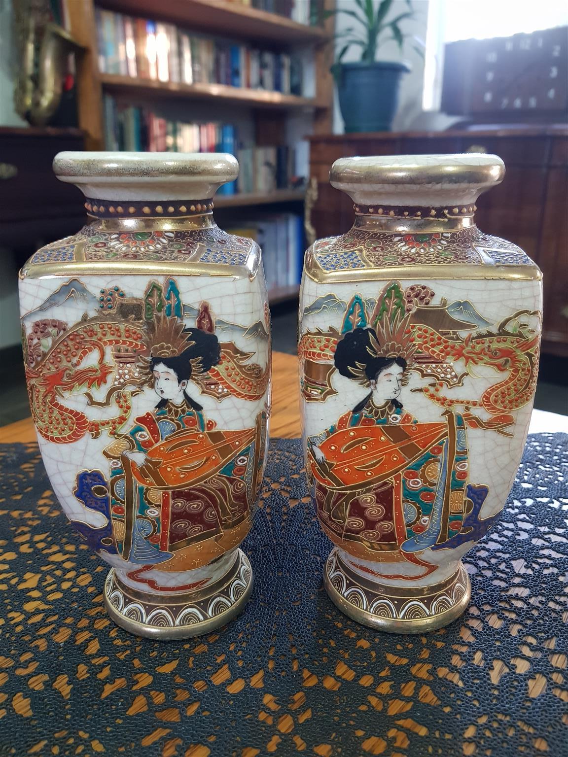 Antique pair of Mejiji Japanese Satsuma Vases ~ Circa 1603-1868