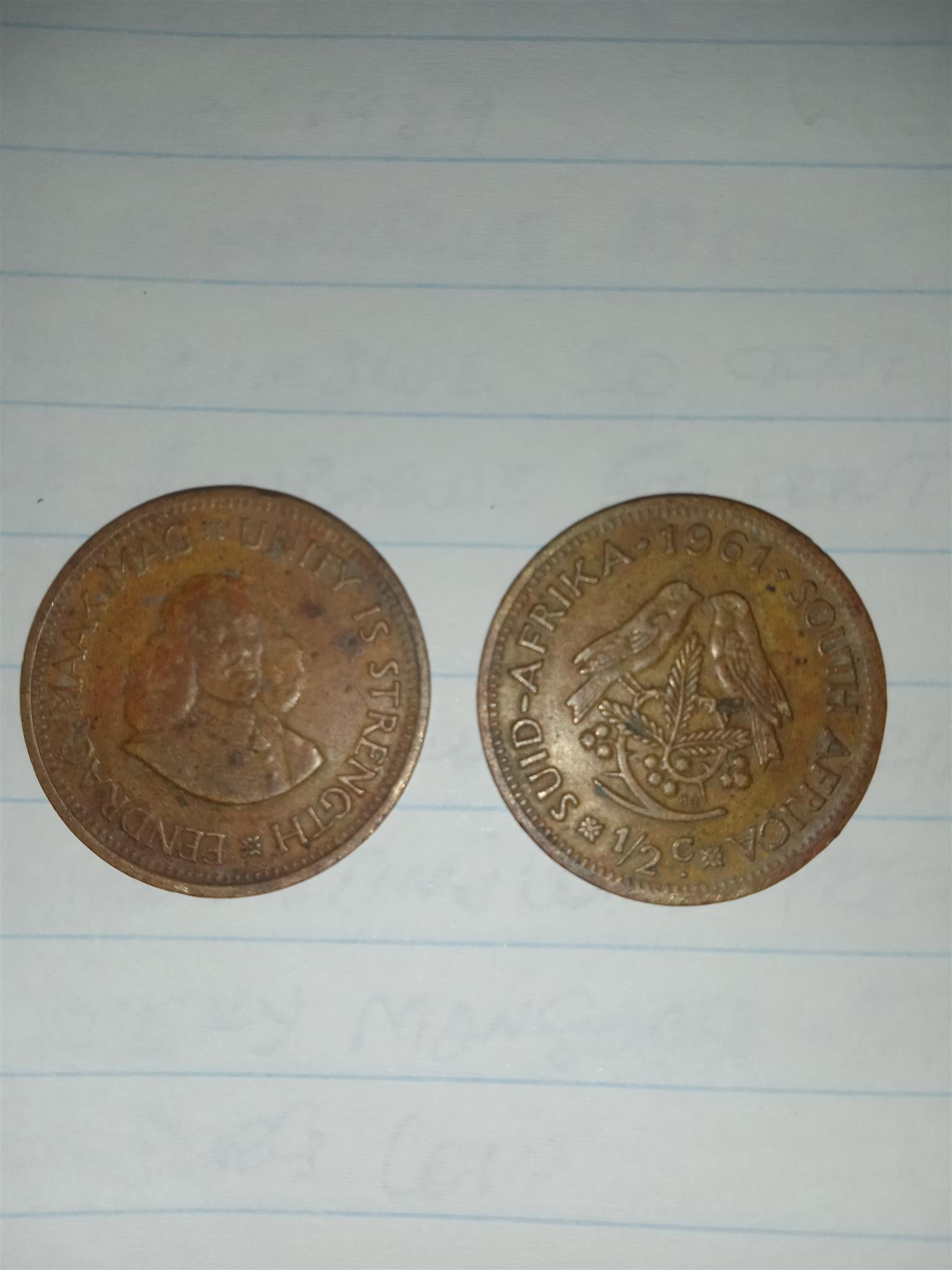 1961 South African half cents inscribed in both english & afrikaans inscribed
