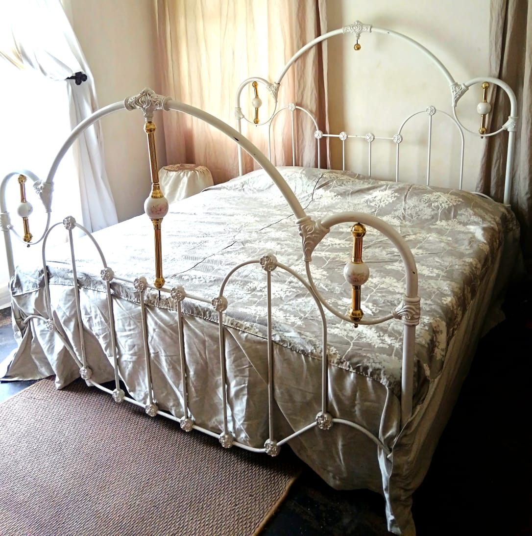 King Size Vintage Brass, Porcelain + Steel Bed+Mattress
