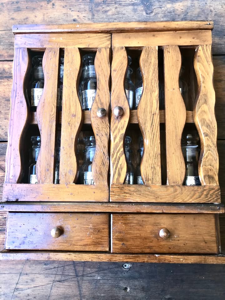 Vintage 60s/70s Wooden Spice Rack with 12 Original Glass Bottles