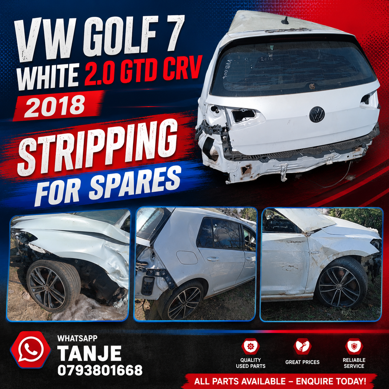 VW GOLF 7 WHITE 2.0 GTD CRV 2018. STRIPPING FOR SPARES - Private Seller VW GOLF 7 WHITE 2.0 GTD CRV 2018. STRIPPING FOR SPARES - Private Seller