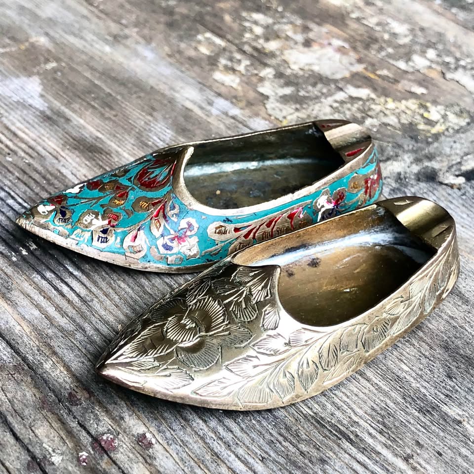 2x Vintage Indian Brass Shoe Ashtrays