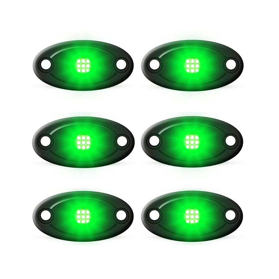 Universal Aluminium 9-LED Rocklights (Green) – 6 pack