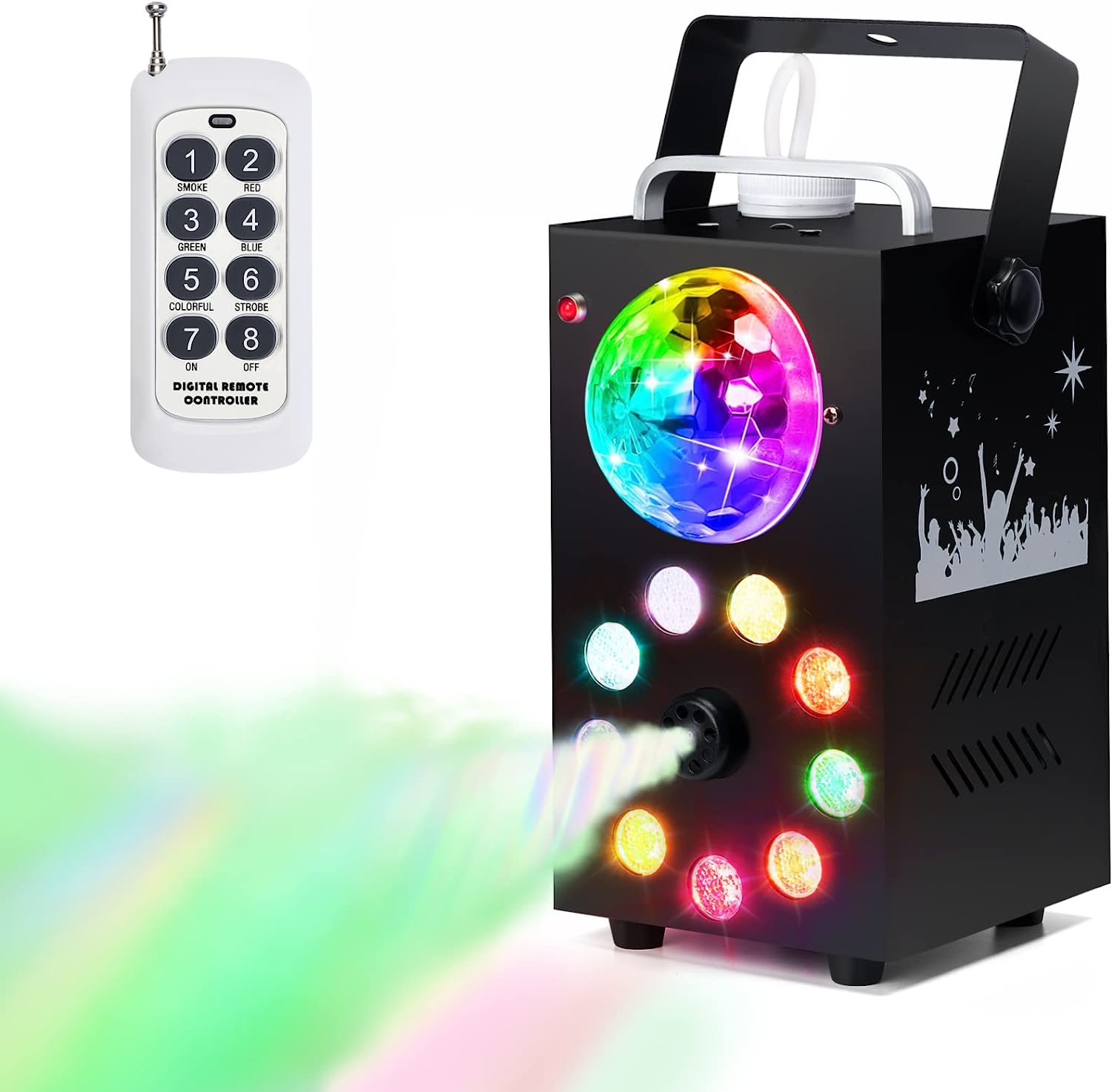 Professional Smoke Fog Machine with MultiColour RGB LEDs, Rotating Light Ball.