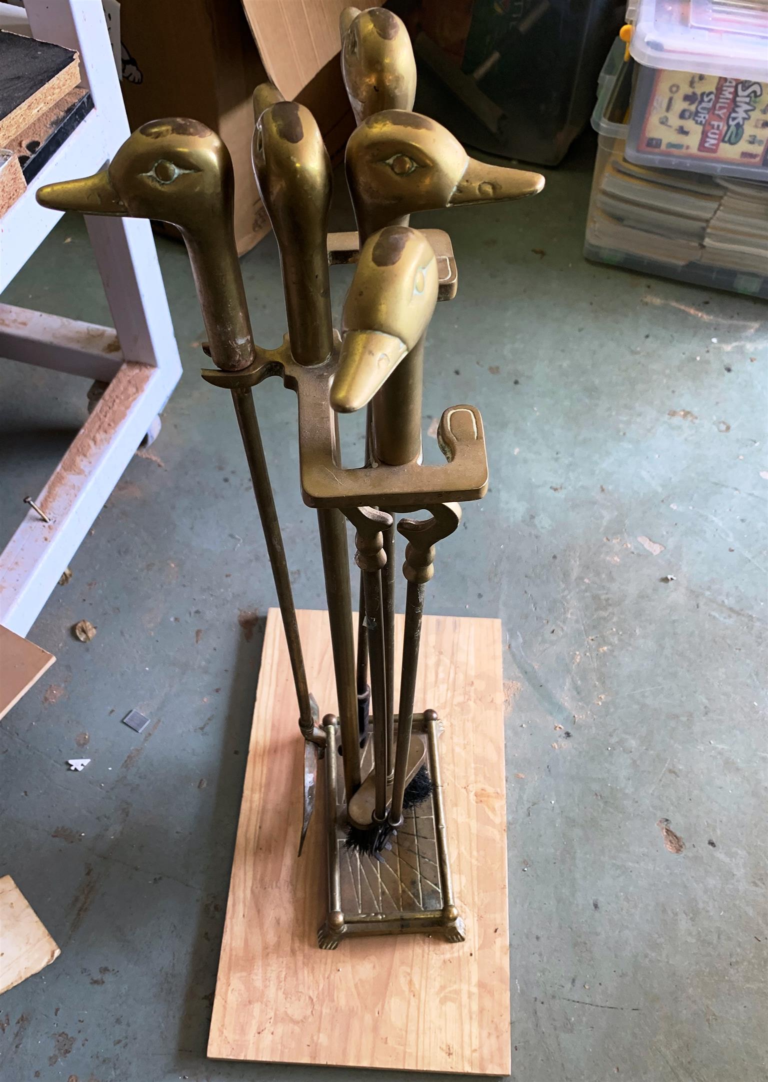 Duck Head Topped Brass Fireplace Tools Mid Century Solid Brass