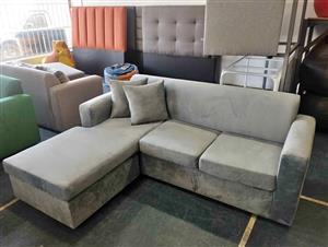 L-shaped couch- light grey velvet