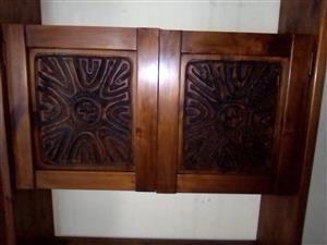 3 piece pine dark wood wall unit with hand carved artwork