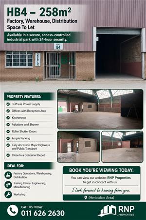 HB4 – 258m² Factory, Warehouse, Distribution Space To Let