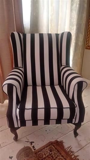 BEAUTIFUL BRAND NEW  WINGBACK CHAIR WITH QUEEN ANNE LEGS - LOVELY BLACK AND WHITE STRIPE FABRIC