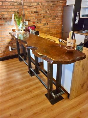 Very Large Vintage Wood Topped Bar Counter with Heavy Steel Base - Reclaimed from old Theatre