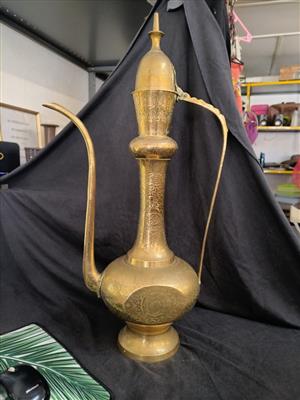 Vintage Etched Brass Aftaba Ewer / Dallah Coffee Pot