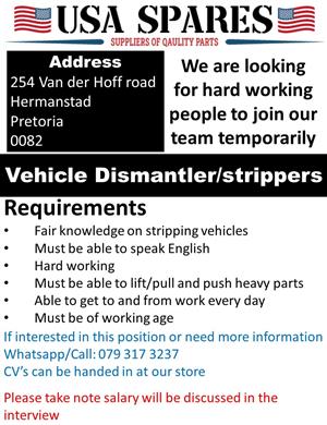 We are looking for vehicle dismantlers/vehicle strippers