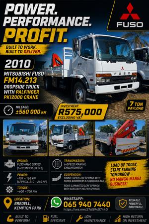 2010 Mitsubishi Fuso FM14.213 Dropside Truck with Palfinger PK12 000 Crane 