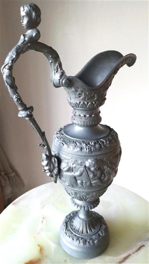 Rare Antique very decorative Pewter Wine Carafe with Angel and Mask Sculpturesr