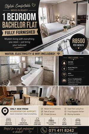 Fully furnished 1-bedroom bachelor flat available