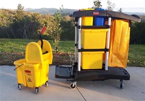 RUBBERMAID COMMERCIAL JANITORIAL CLEANING CART AND WAVEBREAKER DOWN PRESS BUCKET/WRINGER