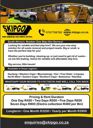 SKIP BIN for RENT (Affordable Bins delivered and collected on time) 