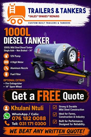 1000L NON BRAKED DIESEL TANKER MADE FROM 2.MM HOT ROLLED MILD STEEL