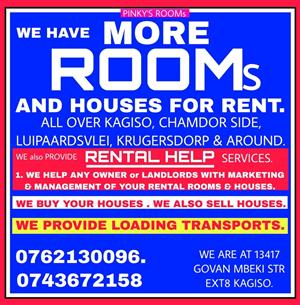 ROOMS FOR RENT AT KAGISO, CHAMDOR SIDE, KRUGERSDORP & AROUND 