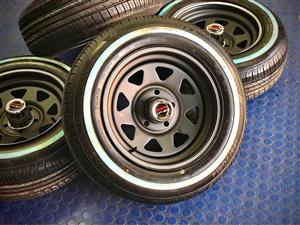 14 inch Steel Legend Rims and 185/70/14 White wall tyres set