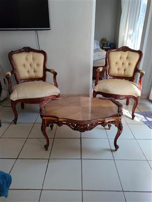 2xQueen Ann Chairs plus carved coffee table