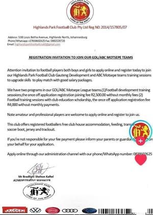 Highlands Park Football Club joining Registration invitation January 2026