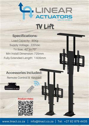 TV lift. Build your own custom cabinet. 42" to 70". 80kg load.
